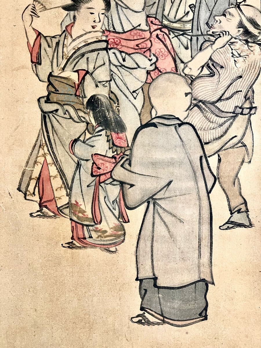 真作】【S8】橘玉嶺「五人町人風俗図」紙本 肉筆 浮世絵 美人画 歴史