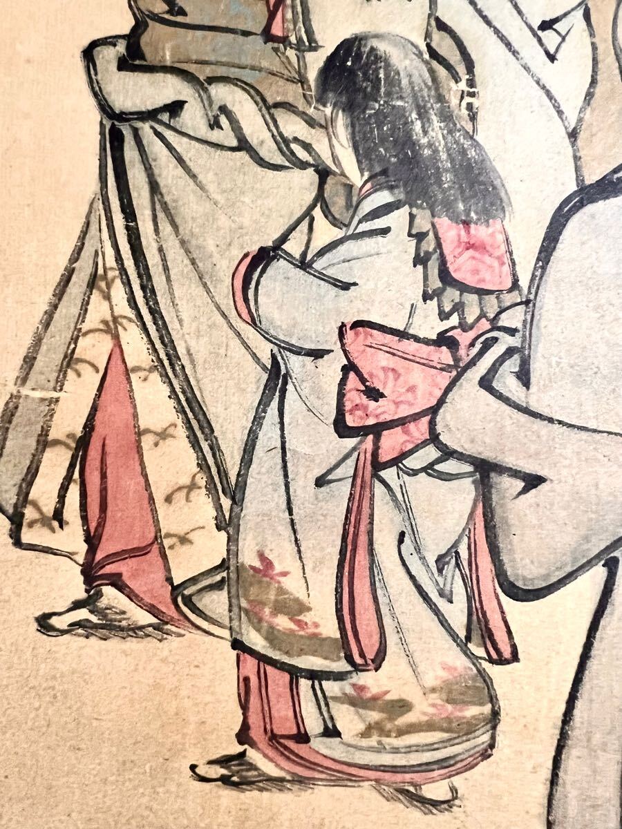 真作】【S8】橘玉嶺「五人町人風俗図」紙本 肉筆 浮世絵 美人画 歴史
