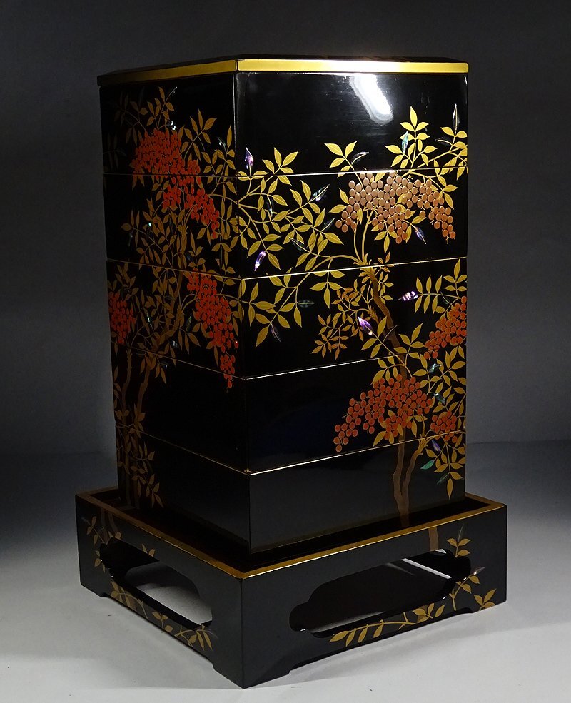 緑屋i□ 時代物 在銘 南天蒔絵 螺鈿細工 内梨地 重箱 五段 重箱台 漆箱