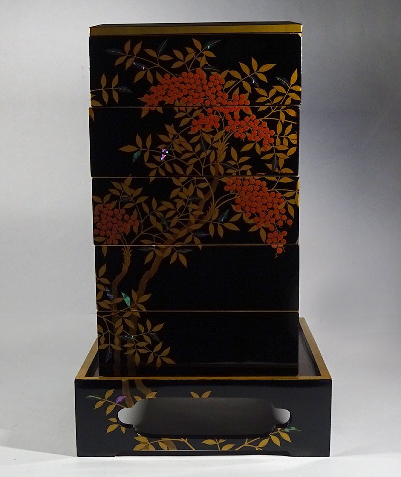 緑屋i□ 時代物 在銘 南天蒔絵 螺鈿細工 内梨地 重箱 五段 重箱台 漆箱