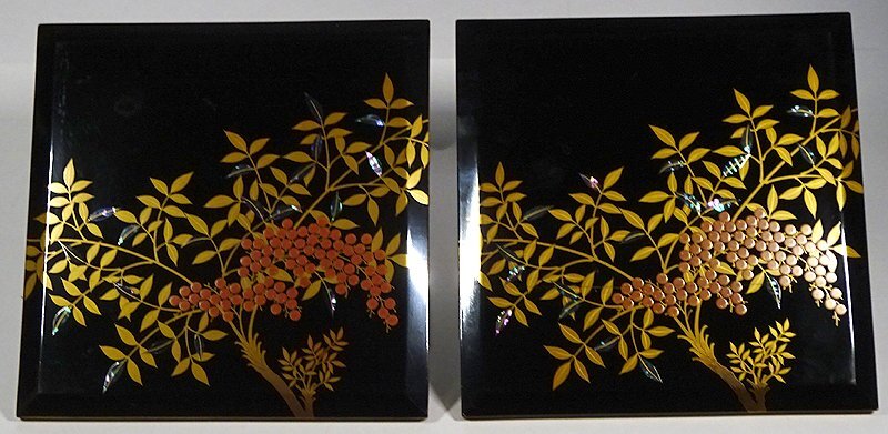緑屋i□ 時代物 在銘 南天蒔絵 螺鈿細工 内梨地 重箱 五段 重箱台 漆箱