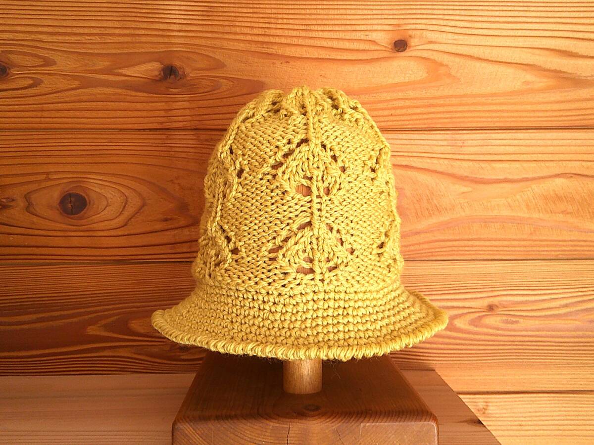 手編みの帽子　ウール100％　Ｓ-Ｍサイズ　くすみイエロー　お花模様　透かし柄_5