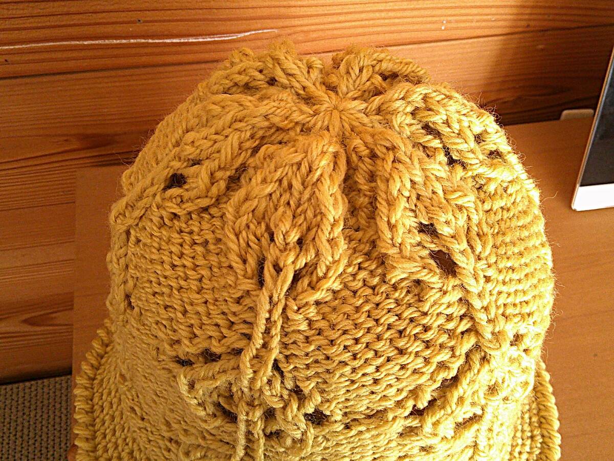 手編みの帽子　ウール100％　Ｓ-Ｍサイズ　くすみイエロー　お花模様　透かし柄_7