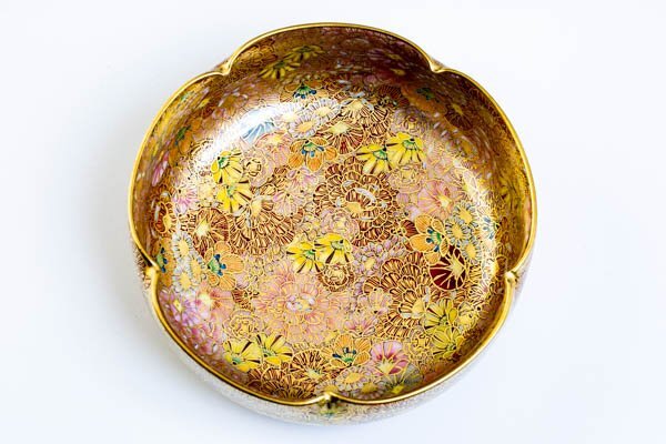 薩摩焼 膾皿 なます皿 中鉢 花詰文 富士大名行列画 金襴手 色絵 金彩
