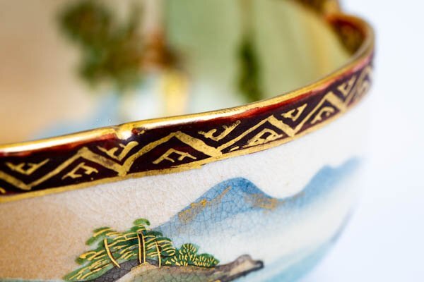 薩摩焼 膾皿 なます皿 中鉢 花詰文 富士大名行列画 金襴手 色絵 金彩