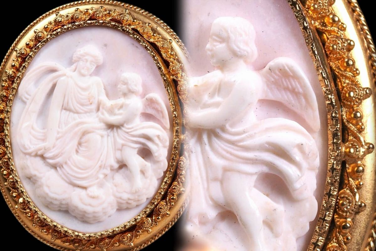 英国19世紀「ヴィーナスとエロス」秀逸彫ピンクシェルカメオブローチ