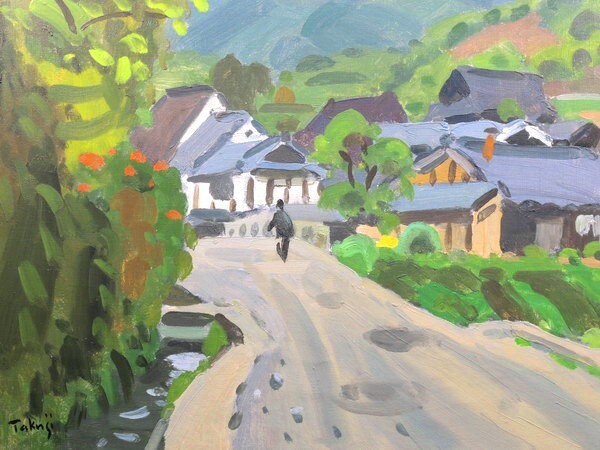 真作/中村琢二/「飛鳥の里」/油彩/10号/額装品/直筆サイン入り/裏書