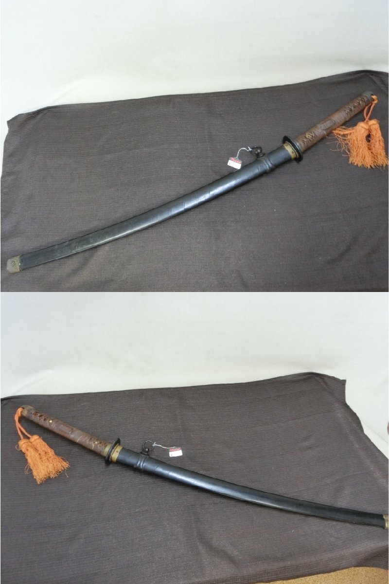 掘り出し！【軍刀拵え 外装古い年代物　黒鞘・Ra・ミリタリー】◆兜割　十手　縁頭　目貫　刀装具　軍刀　弓矢　笄　鐔　陣笠※円安　買得_2