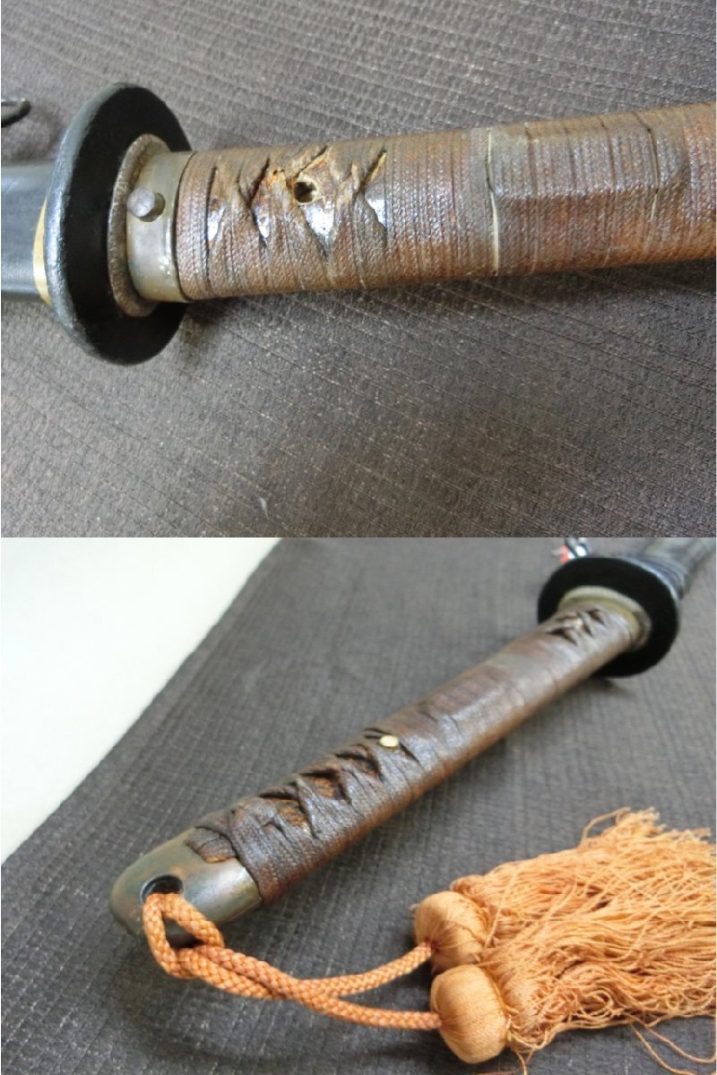掘り出し！【軍刀拵え 外装古い年代物　黒鞘・Ra・ミリタリー】◆兜割　十手　縁頭　目貫　刀装具　軍刀　弓矢　笄　鐔　陣笠※円安　買得_4