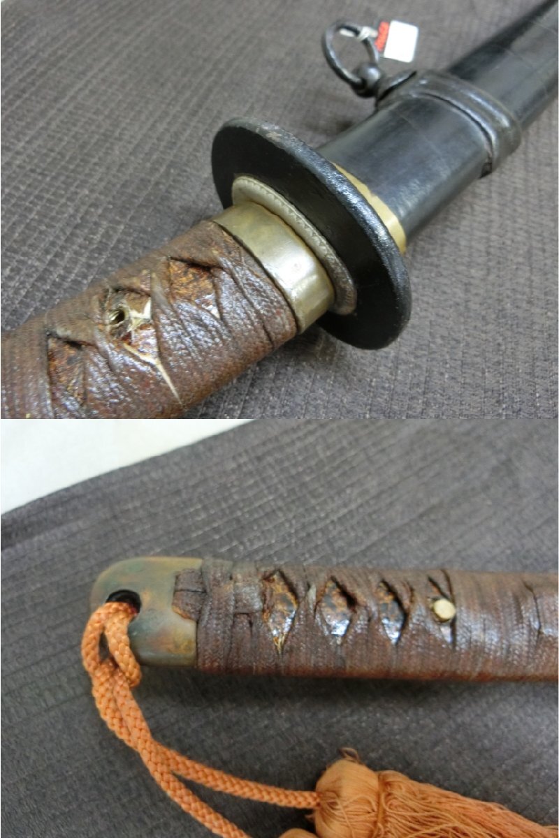 掘り出し！【軍刀拵え 外装古い年代物　黒鞘・Ra・ミリタリー】◆兜割　十手　縁頭　目貫　刀装具　軍刀　弓矢　笄　鐔　陣笠※円安　買得_5