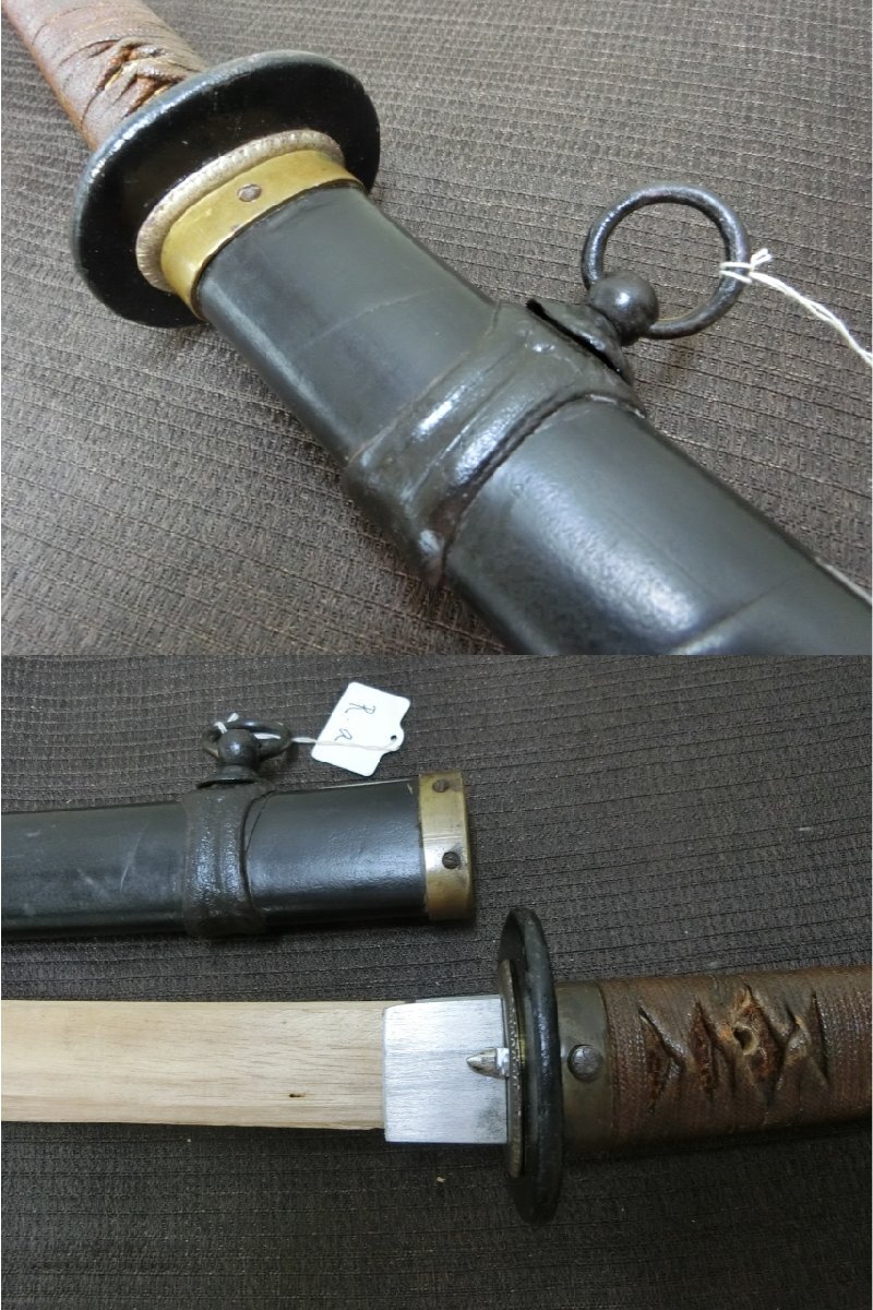掘り出し！【軍刀拵え 外装古い年代物　黒鞘・Ra・ミリタリー】◆兜割　十手　縁頭　目貫　刀装具　軍刀　弓矢　笄　鐔　陣笠※円安　買得_6