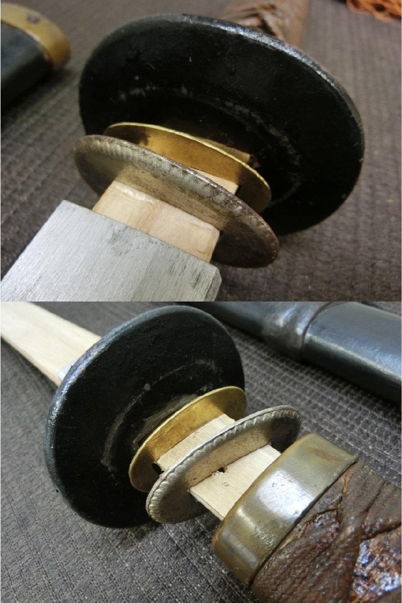 掘り出し！【軍刀拵え 外装古い年代物　黒鞘・Ra・ミリタリー】◆兜割　十手　縁頭　目貫　刀装具　軍刀　弓矢　笄　鐔　陣笠※円安　買得_8