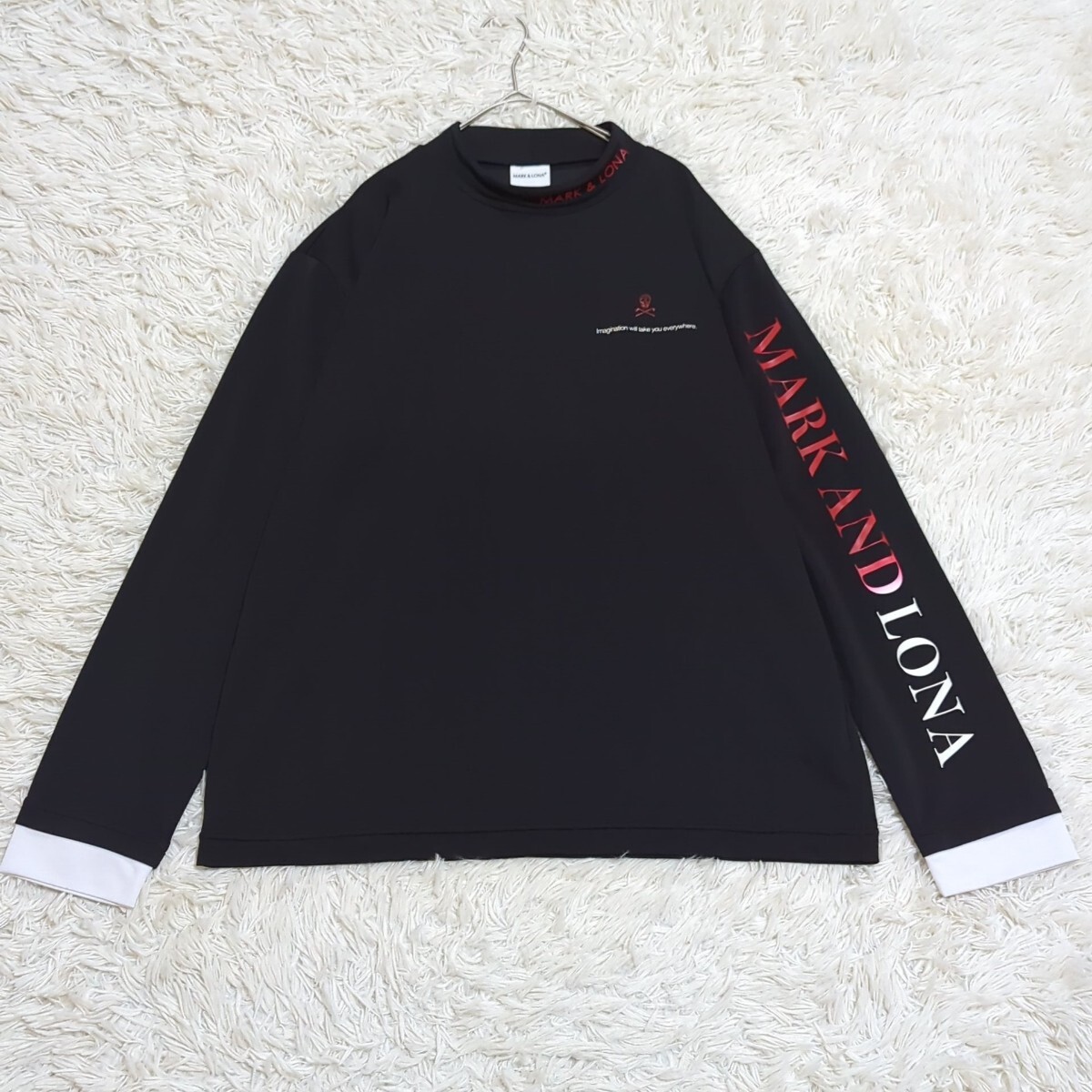 極美品 XL相当 近年モデル MARK&LONA マークアンドロナ モックネック シャツ スカル ロゴ ドライ 長袖Tシャツ ゴルフ ブラック黒 メンズ 50_1
