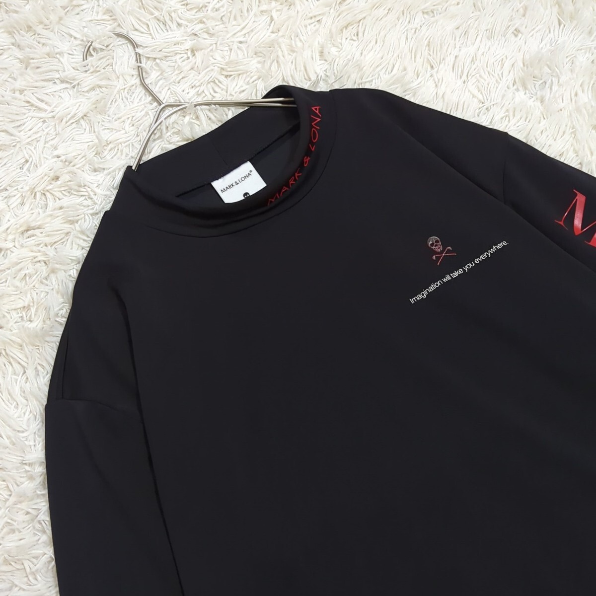 極美品 XL相当 近年モデル MARK&LONA マークアンドロナ モックネック シャツ スカル ロゴ ドライ 長袖Tシャツ ゴルフ ブラック黒 メンズ 50_3