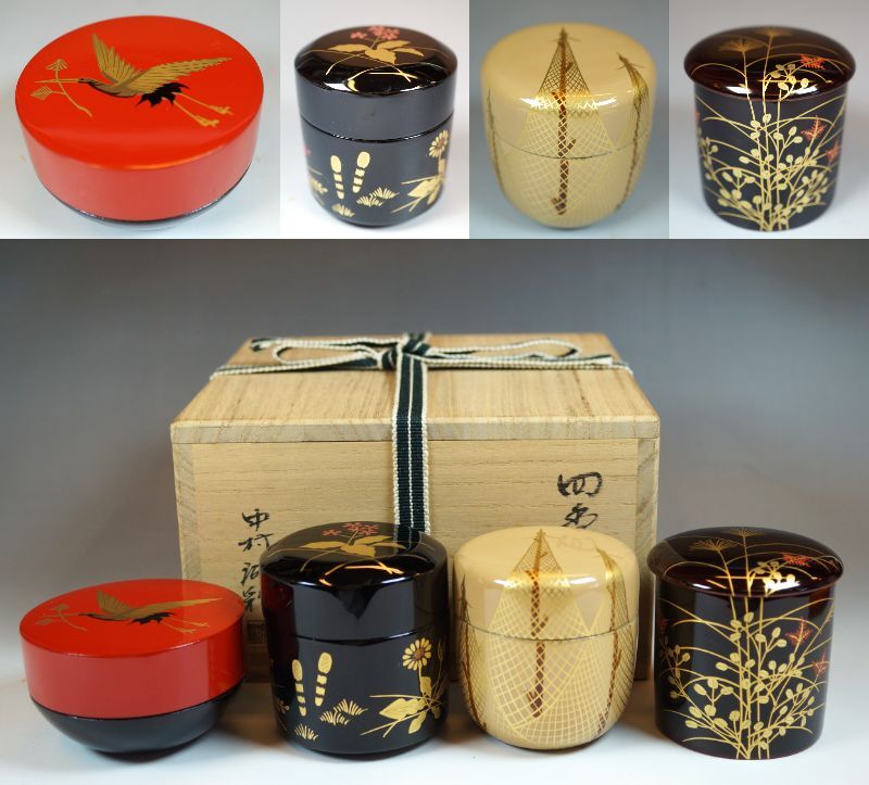 □壱□秀逸作 加賀蒔絵 中村湖彩 四季棗/松喰鶴蒔絵茶器/春野蒔絵吹雪