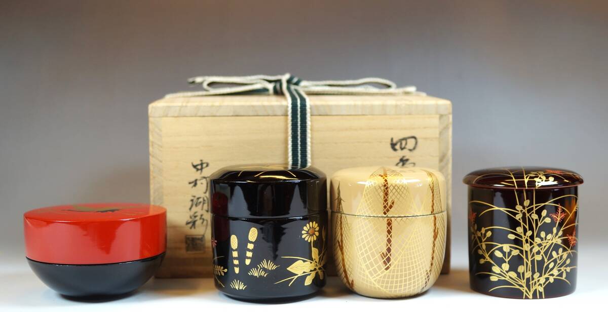□壱□秀逸作 加賀蒔絵 中村湖彩 四季棗/松喰鶴蒔絵茶器/春野蒔絵吹雪