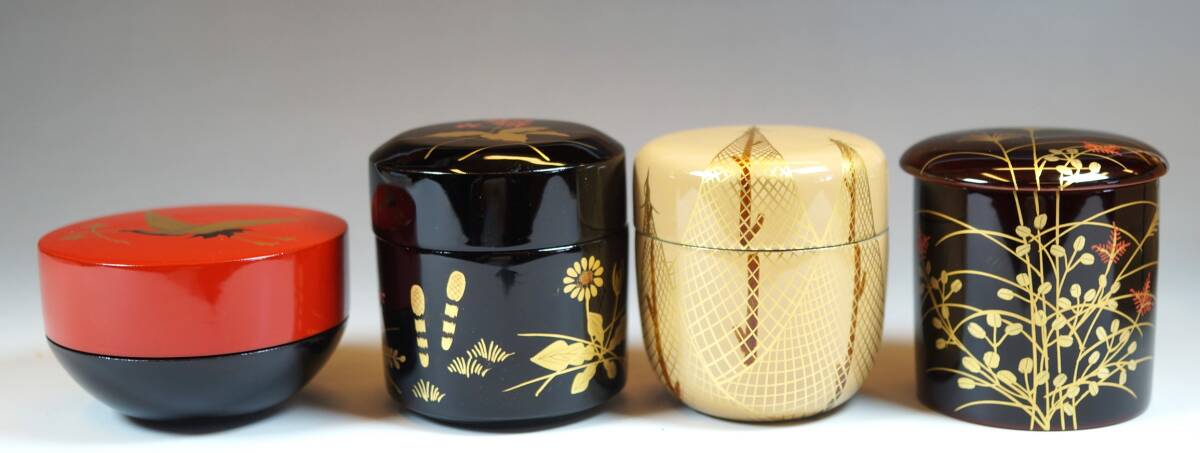 □壱□秀逸作 加賀蒔絵 中村湖彩 四季棗/松喰鶴蒔絵茶器/春野蒔絵吹雪