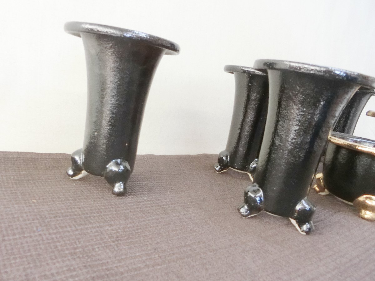 植替時期！【蘭鉢 ラン鉢　７点　未使用黒釉金彩・A3・植木鉢　盆栽鉢　背高足付】◆薩摩　信楽　豆鉢　 山野草　長期保管品※円安！買い得_3