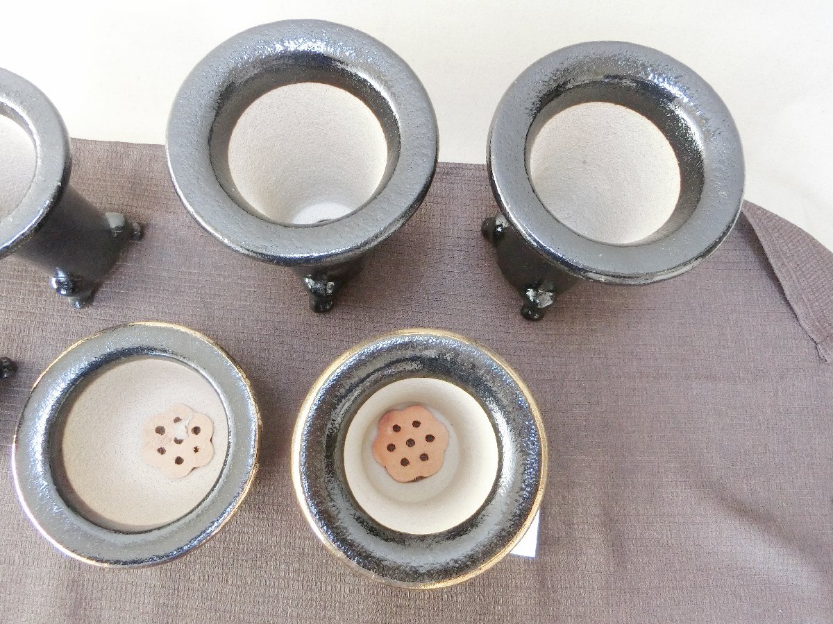 植替時期！【蘭鉢 ラン鉢　７点　未使用黒釉金彩・A3・植木鉢　盆栽鉢　背高足付】◆薩摩　信楽　豆鉢　 山野草　長期保管品※円安！買い得_5