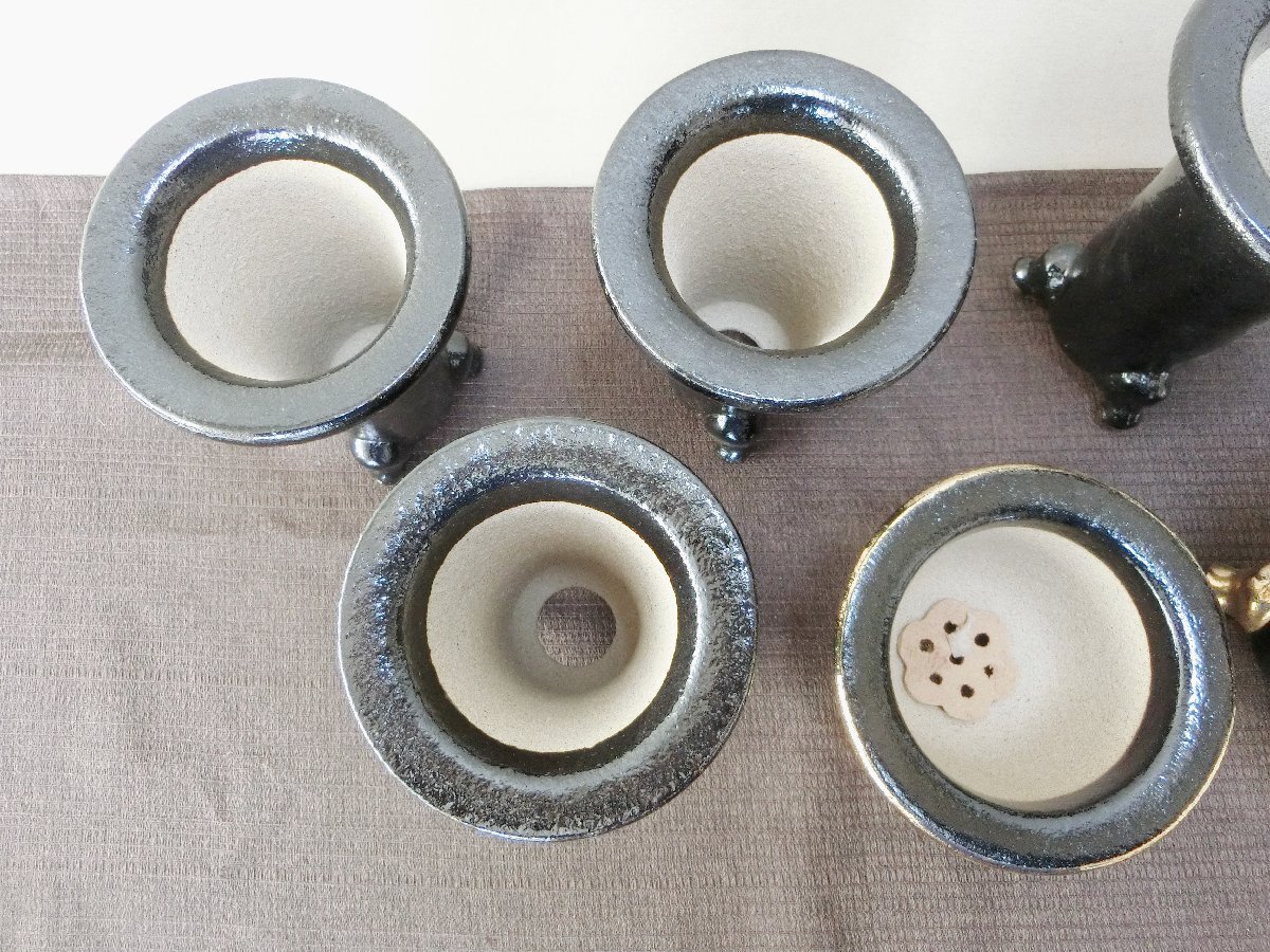 植替時期！【蘭鉢 ラン鉢　７点　未使用黒釉金彩・A3・植木鉢　盆栽鉢　背高足付】◆薩摩　信楽　豆鉢　 山野草　長期保管品※円安！買い得_6