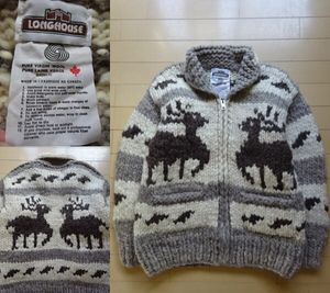 カナダ製【LONG HOUSE】トナカイ柄 ジップアップ カウチンセーター (ロングハウス,ハンド