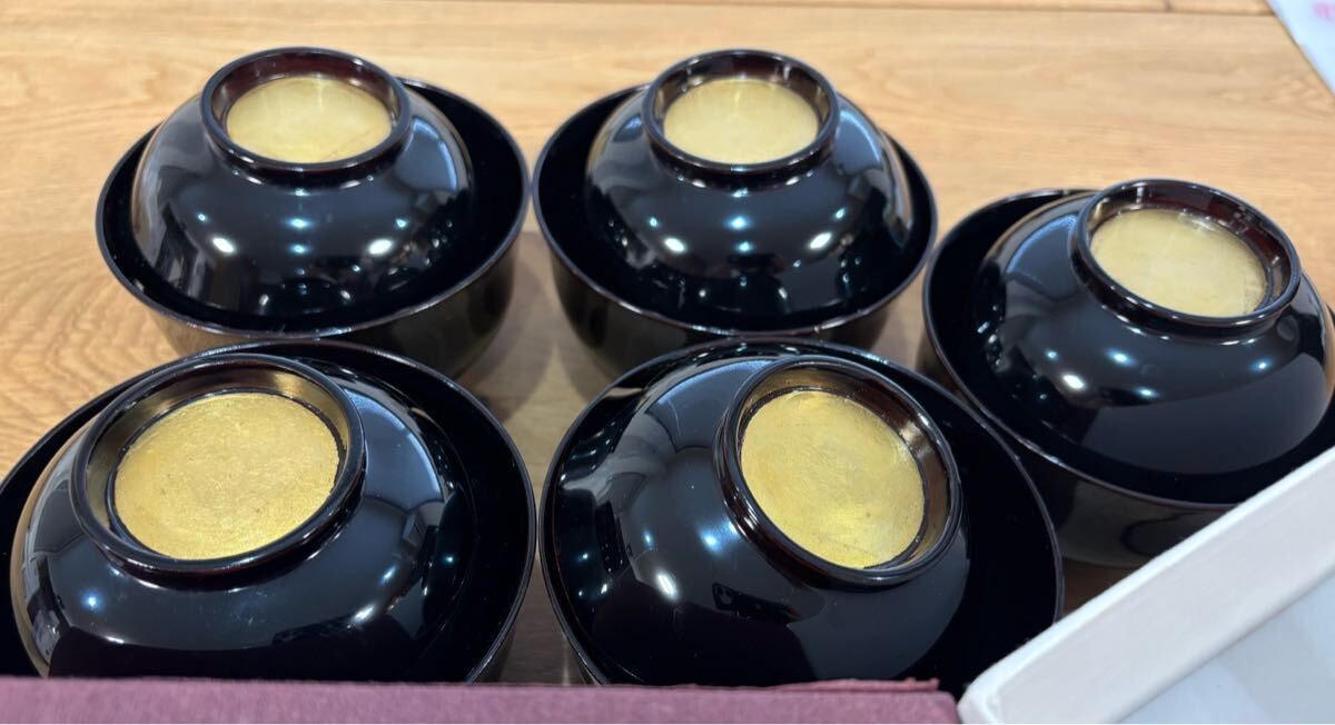 辻嘉一　特選和食器揃　純金箔貼漆器 蓋付き椀 5個セット 黒 F-7/辻嘉一 特選和食器揃 用の美 純金箔貼り 黒漆塗椀 5客 吸物碗 漆器