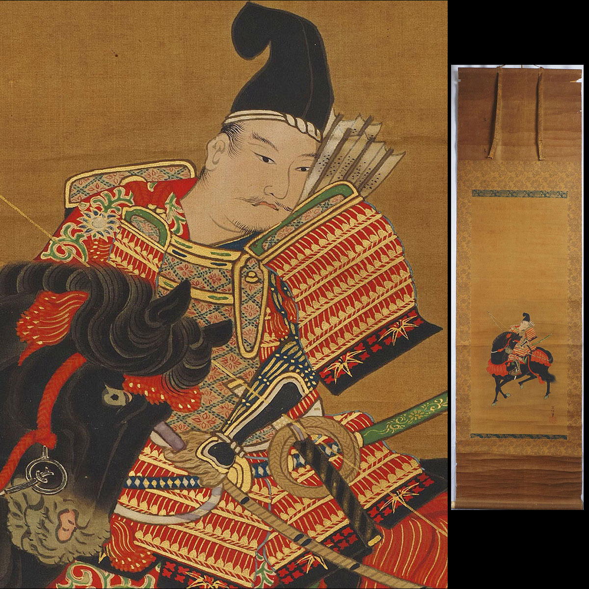 浮世絵 武士の肖像画 真作】A_XJ88 旧家初出 在銘 武者絵 細密 極彩色 肉筆 絹本 掛軸