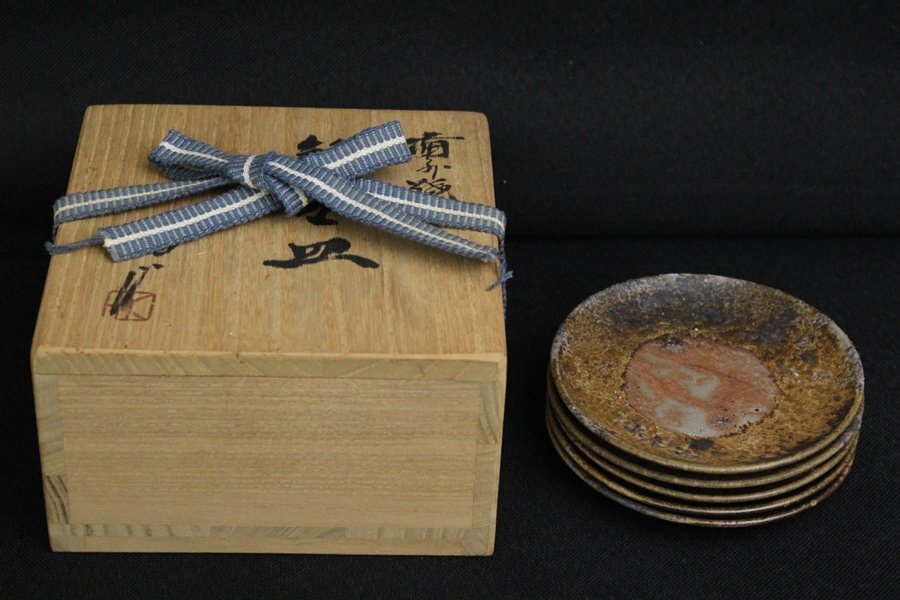 TB526備前焼 銘々皿 5客 共箱◇陶印有/緋襷/胡麻/菓子皿/平皿/丸皿/取