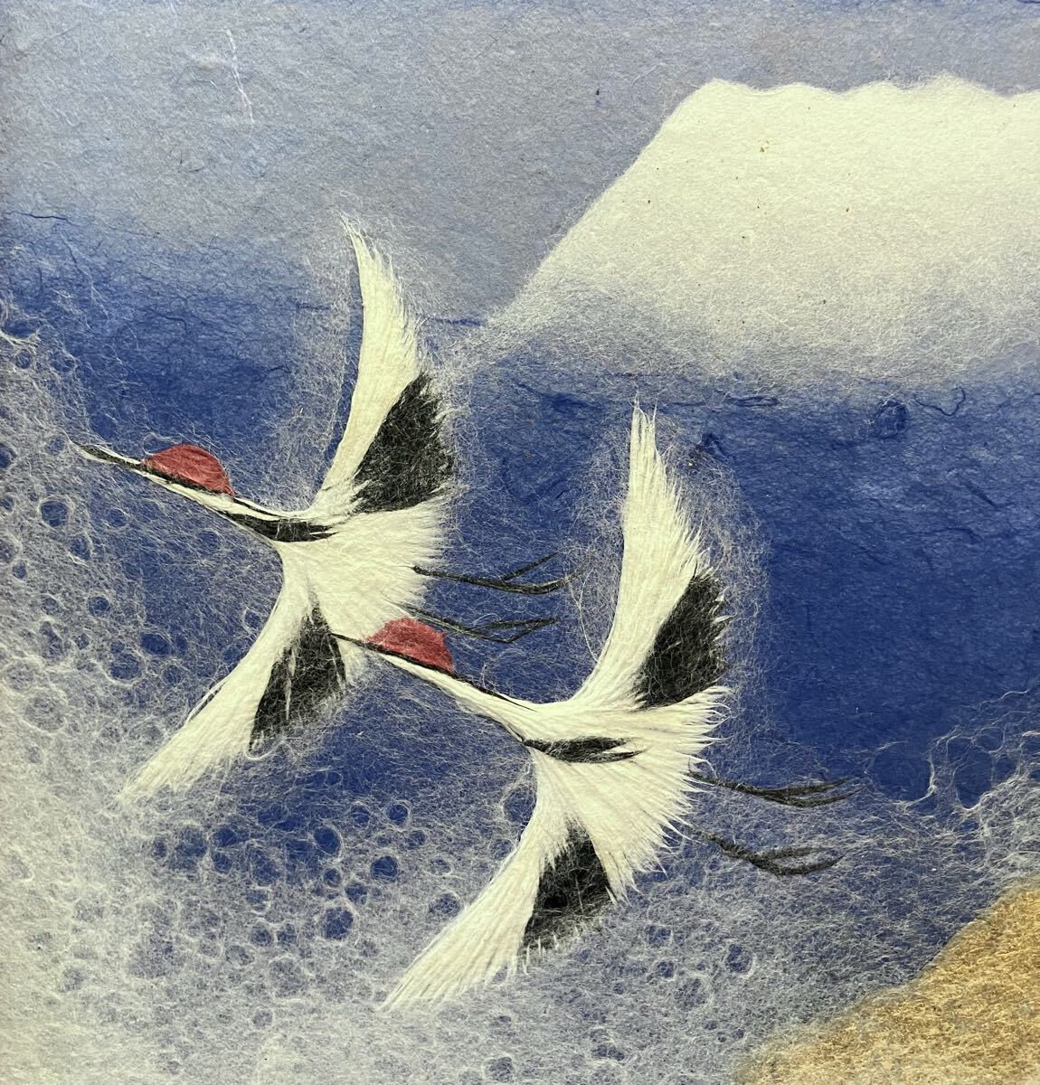 真作】山内一生『鶴に富士山』3号 小原和紙工芸 色紙 額装(花鳥、鳥獣