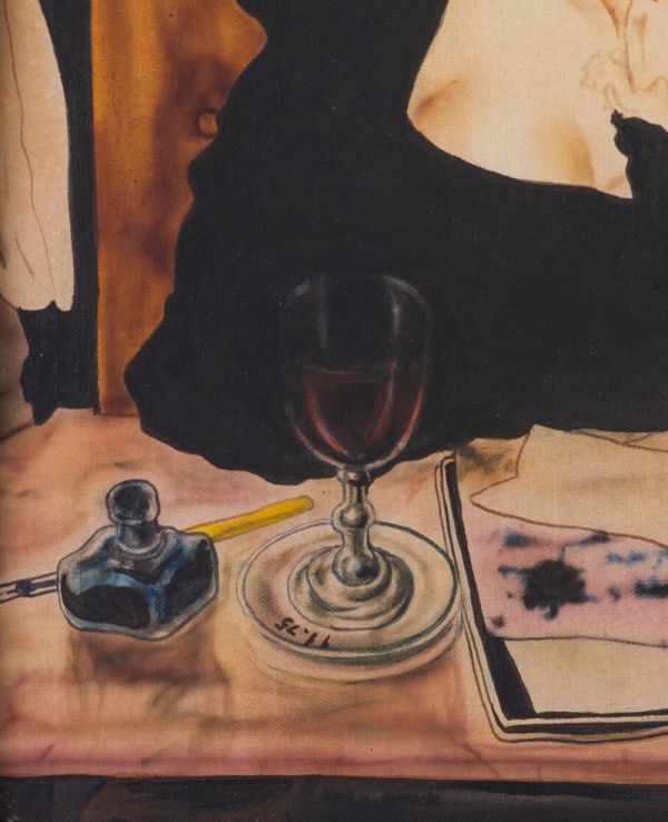 模写》藤田嗣治 手描き 油彩画《カフェ》表サイン 裏サイン(印譜