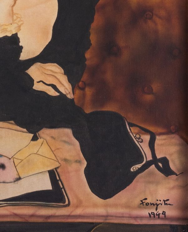 模写》藤田嗣治 手描き 油彩画《カフェ》表サイン 裏サイン(印譜
