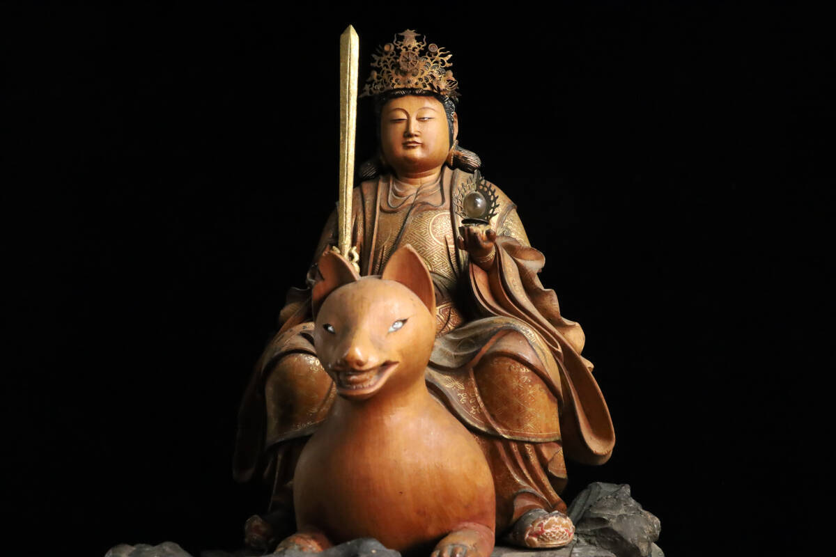◇雅◇ 時代 仏教美術 荼枳尼天像 玉眼 宝珠 仏像 高41.5cm 木彫 水晶
