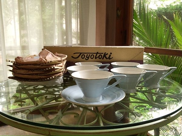 昭和レトロ 東洋陶器toyotoki 水色 カップ＆ソーサー６客 ３客難_1