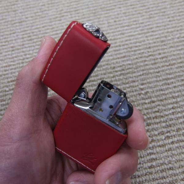 極レア！Zippo 十三 JU-ZO スカル ６面赤革巻き　革ストラップ付