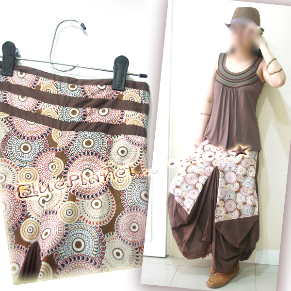 幾何学柄切替し・変形フレアスカート茶☆エスニックアジアン