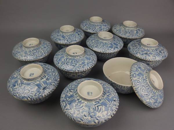 【骨董・伊万里】江戸期～明治 古伊万里★染付線描煮物碗 １０客