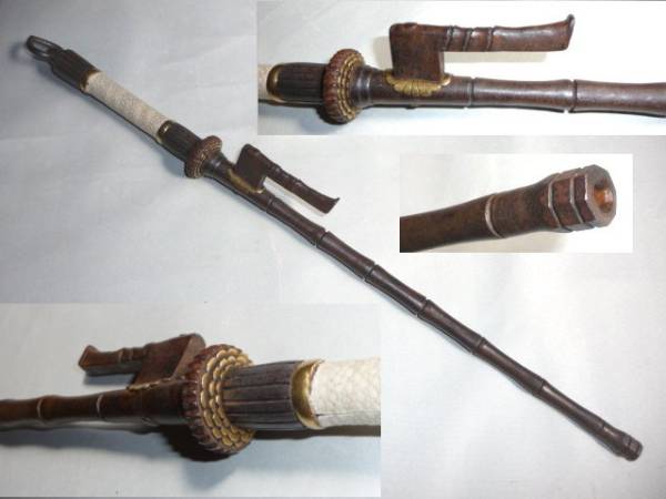 竹節模様 十手 鉄砲十手 鉄地 鮫皮巻き 長さ一尺八寸 菊座(鍔、刀装具