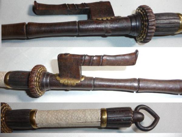 竹節模様 十手 鉄砲十手 鉄地 鮫皮巻き 長さ一尺八寸 菊座(鍔、刀装具