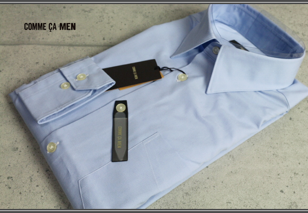 新品コムサメン上質コットンシャンブレー長袖ドレスシャツLL青2