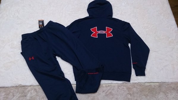 アンダーアーマー スウェット ビッグロゴパーカー 上下 紺/赤 LG