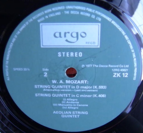 エオリアン四重奏団 エセックス モーツァルト/五重奏 argo 3LP