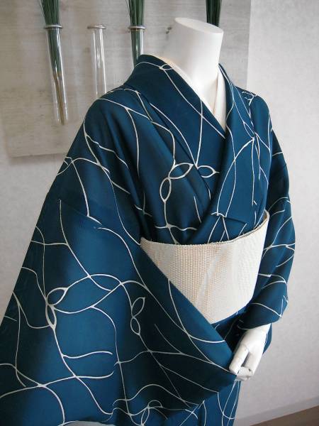 正絹絽／繊細蔓草濃藍単衣／大人