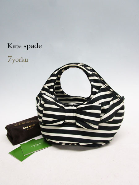 ケイトスペード★リボン ハンドバッグ ボーダー トート 黒/白
