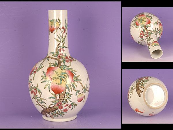 ■たわわな桃！粉彩桃花紋天球瓶　清時代　高さ42㎝■ oot1