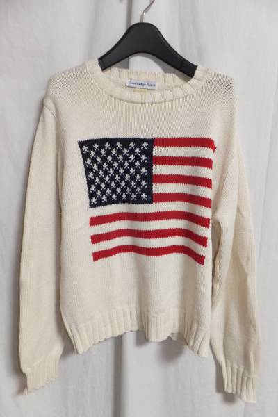☆USA製☆星条旗柄コットンニット☆ナチュラル☆M☆I5☆