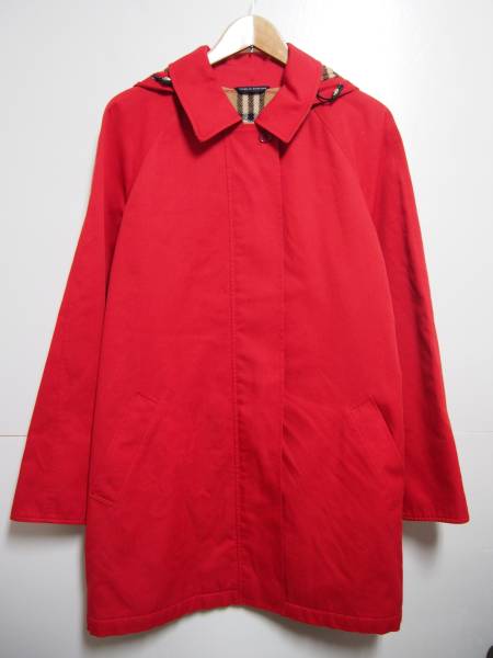 英国製 BURBERRY LONDON フード付 ステンカラーコート 赤1025F