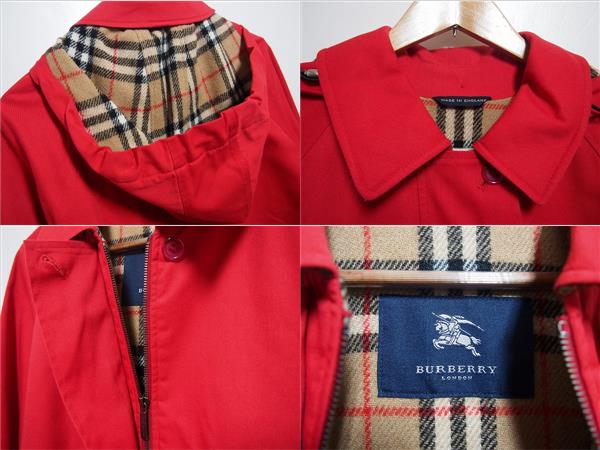 英国製 BURBERRY LONDON フード付 ステンカラーコート 赤1025F