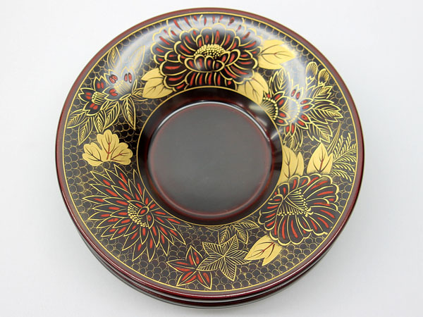 ACB10407★輪島塗 茶卓 特産布着請合 金彩蒔絵 10枚/箱入 中古