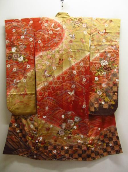 ★着物10★ 1円 絹 逸品!!刺繍 菊に橘 袷振袖 ☆☆☆☆