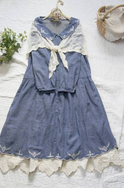 sm2★新品★ブログ掲載*襟＆裾スカラップ刺繍*前開きワンピース